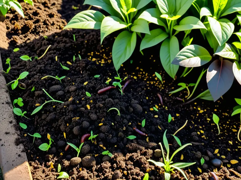 Una escena vibrante de compostaje en casa: guía completa, con tierra rica y llena de vida, brotes verdes y luz solar filtrada