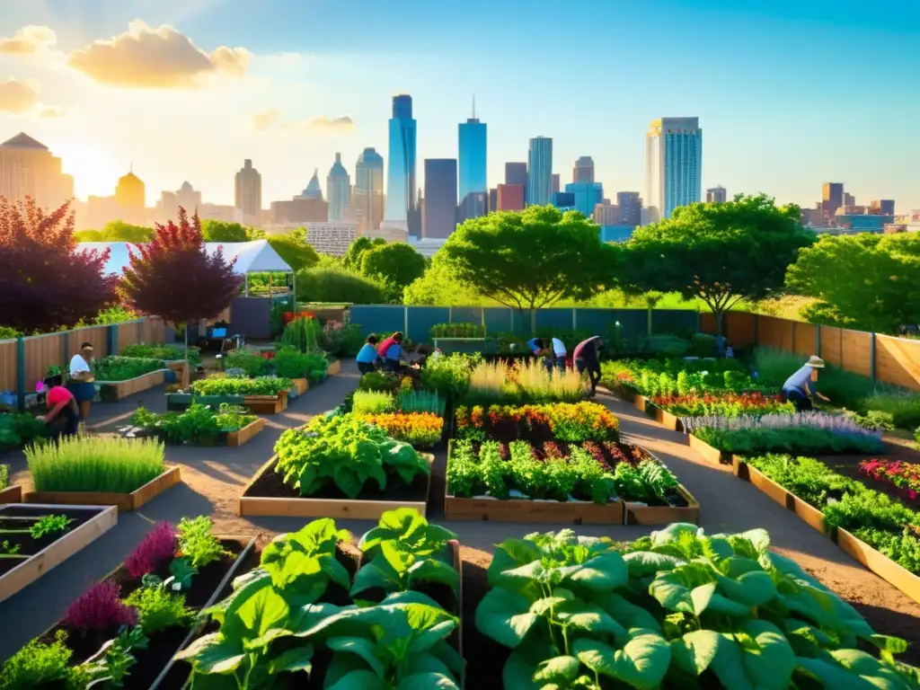 Una escena vibrante de un jardín comunitario urbano, con personas diversas cultivando plantas rodeadas de vegetación exuberante y cultivos coloridos