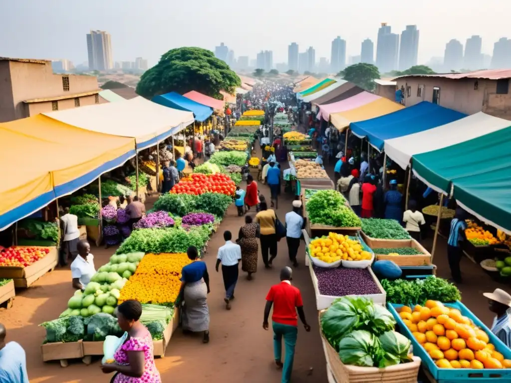 Escena vibrante de huertos urbanos en ciudades africanas, con diversidad de personas, frutas y verduras en un ambiente comunitario y colorido