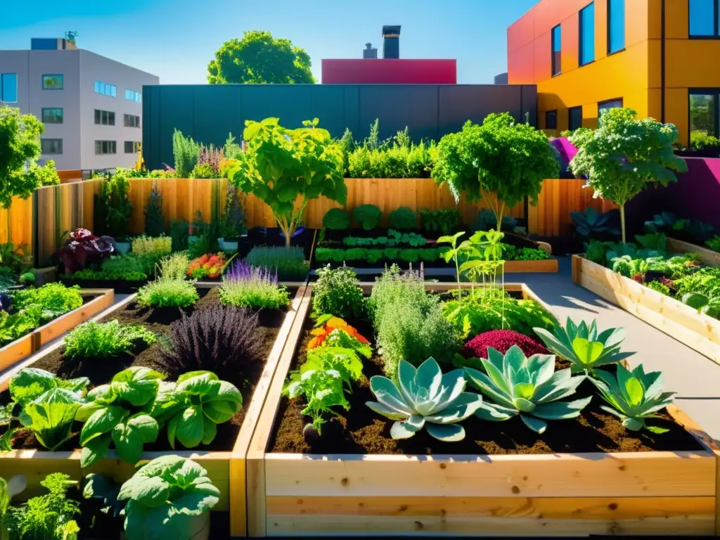 Una escena vibrante de huertos urbanos sostenibles, con variedad de plantas, frutas y personas comprometidas en la agricultura urbana