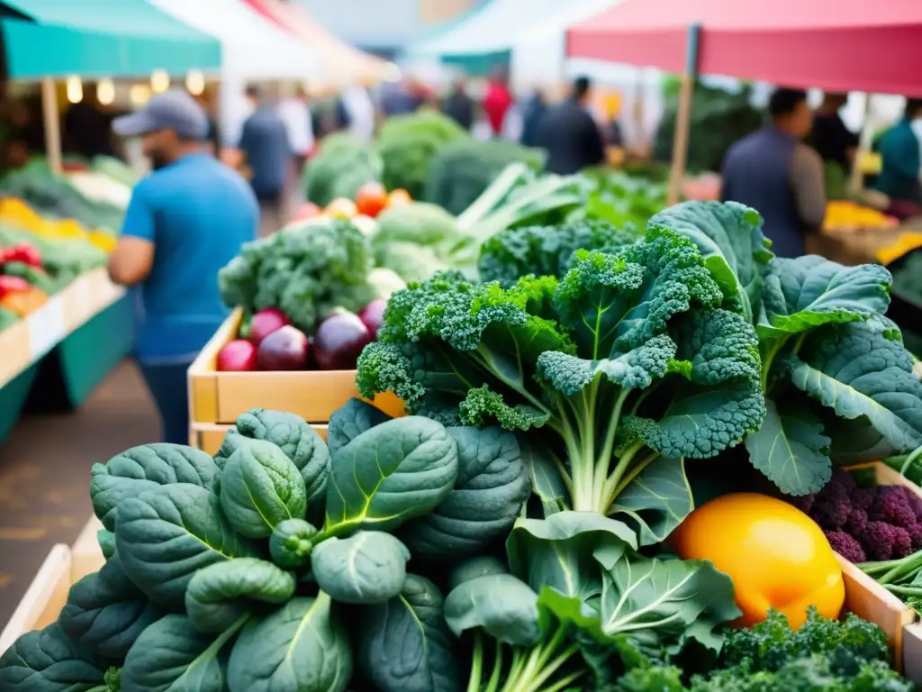 Una escena vibrante de un mercado urbano con kale fresco y superalimentos, reflejando la nutrición urbana con kale en un ambiente dinámico y colorido