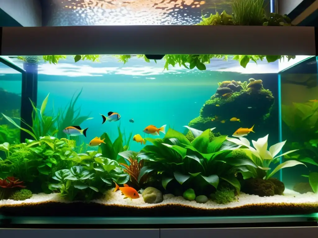 Escena acuática vibrante con peces y plantas en sistema de acuaponía, exudando armonía