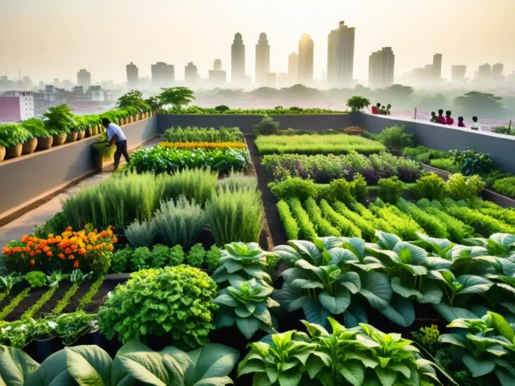 Una escena vibrante de un jardín urbano en India, donde agricultores locales cuidan de cultivos