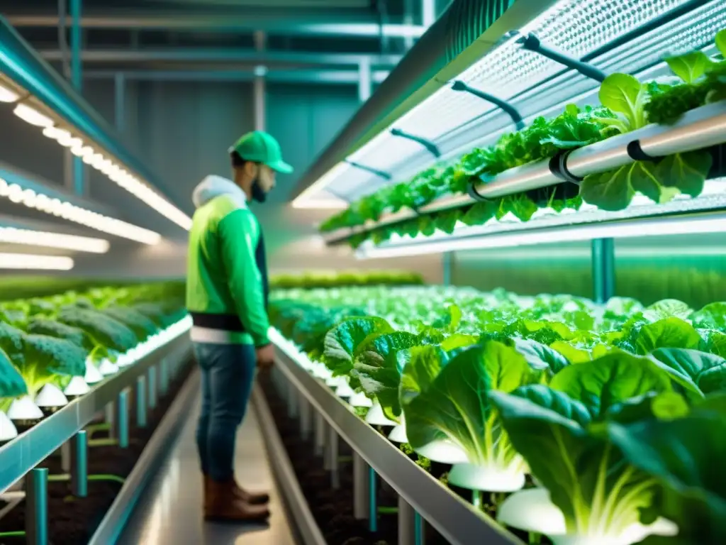 Un escenario agrícola futurista con lechugas y hierbas regadas mediante beneficios riego por pulso, bajo luces LED brillantes