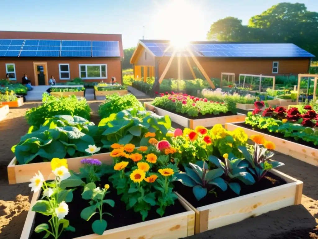 Un jardín escolar moderno y vibrante, con frutas, verduras y flores coloridas