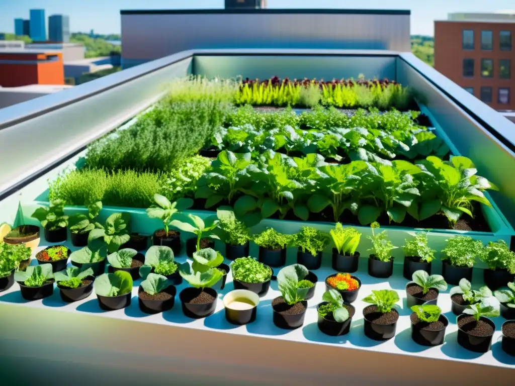 Jardín escolar urbano con acuaponía integrada, estudiantes y maestros interactúan en actividades educativas