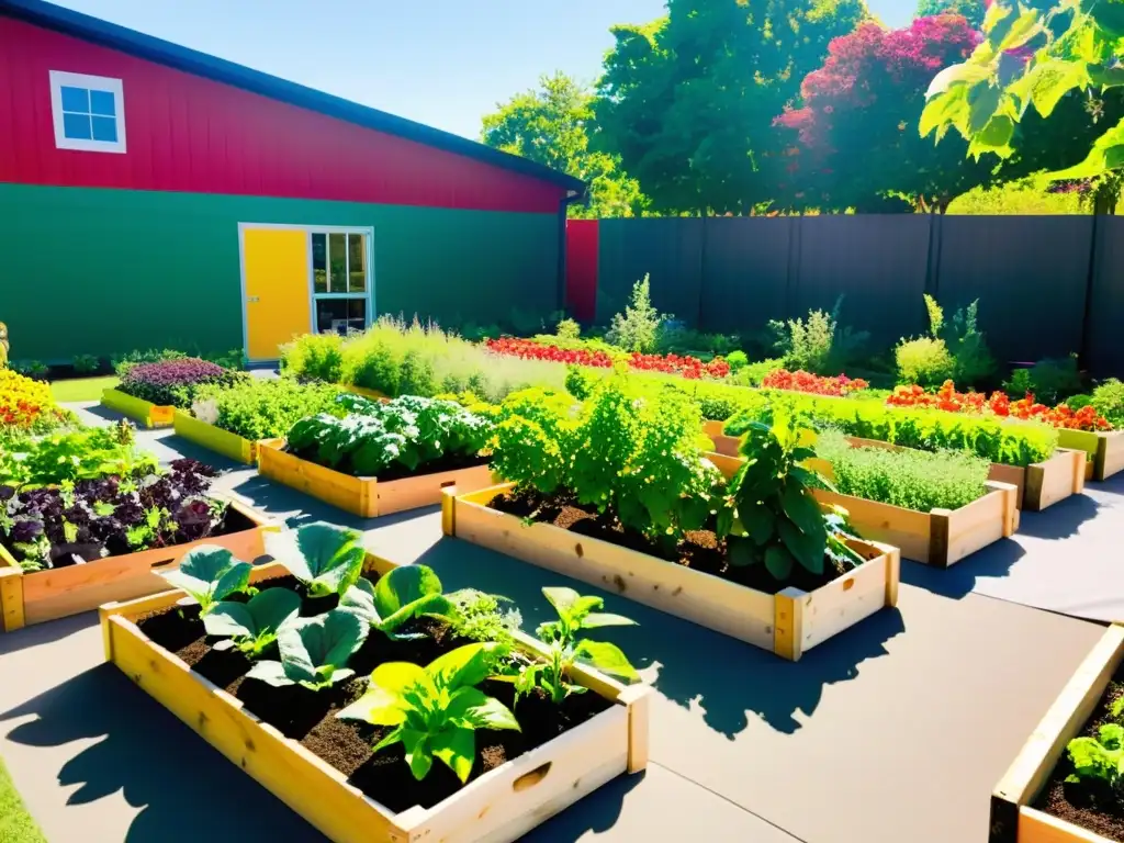 Un jardín escolar vibrante y moderno lleno de frutas, verduras y flores coloridas y prósperas