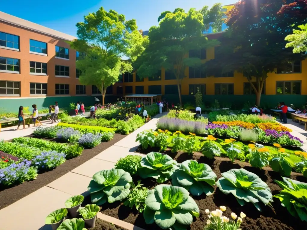 Un jardín escolar vibrante con vegetales verdes, flores coloridas y estudiantes trabajando juntos