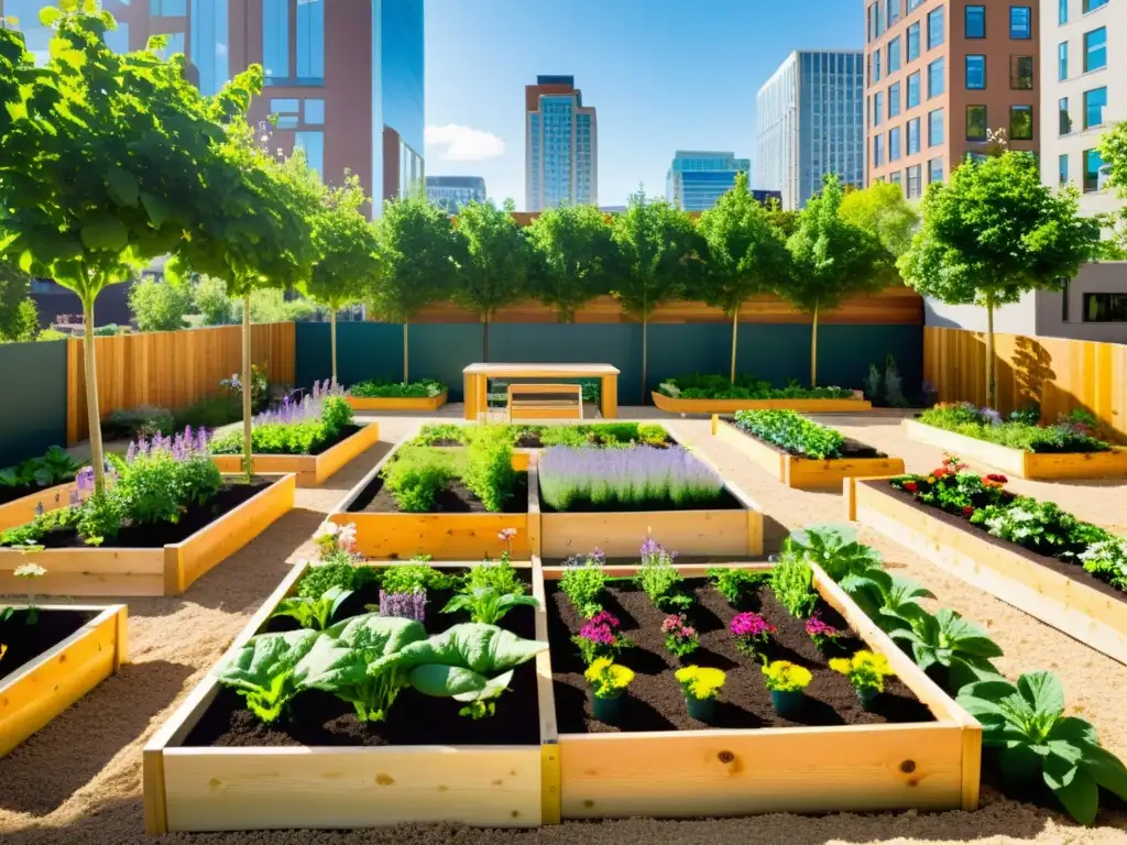 Escuela en huerto urbano con niños plantando y cuidando, rodeados de vegetación urbana y edificios altos