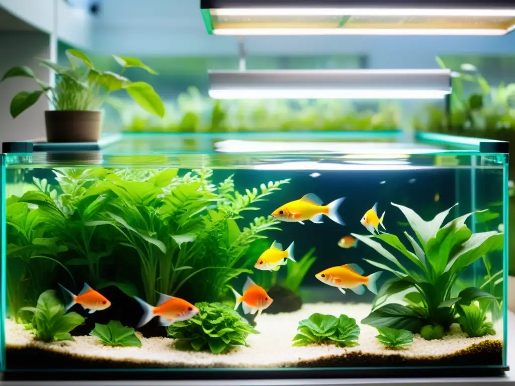 Una escuela de peces vibrantes y saludables nada en un tanque de acuaponía urbana, rodeada de plantas exuberantes