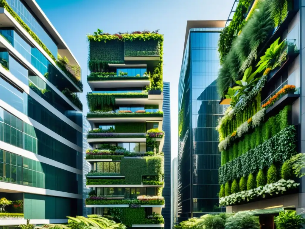 Transformación de espacios urbanos con huertos verticales en edificios de la ciudad, integrando naturaleza y tecnología