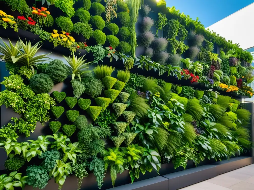 Cultivar en espacios urbanos verticales: Jardín vertical moderno con exuberante vegetación y flores vibrantes en la ciudad