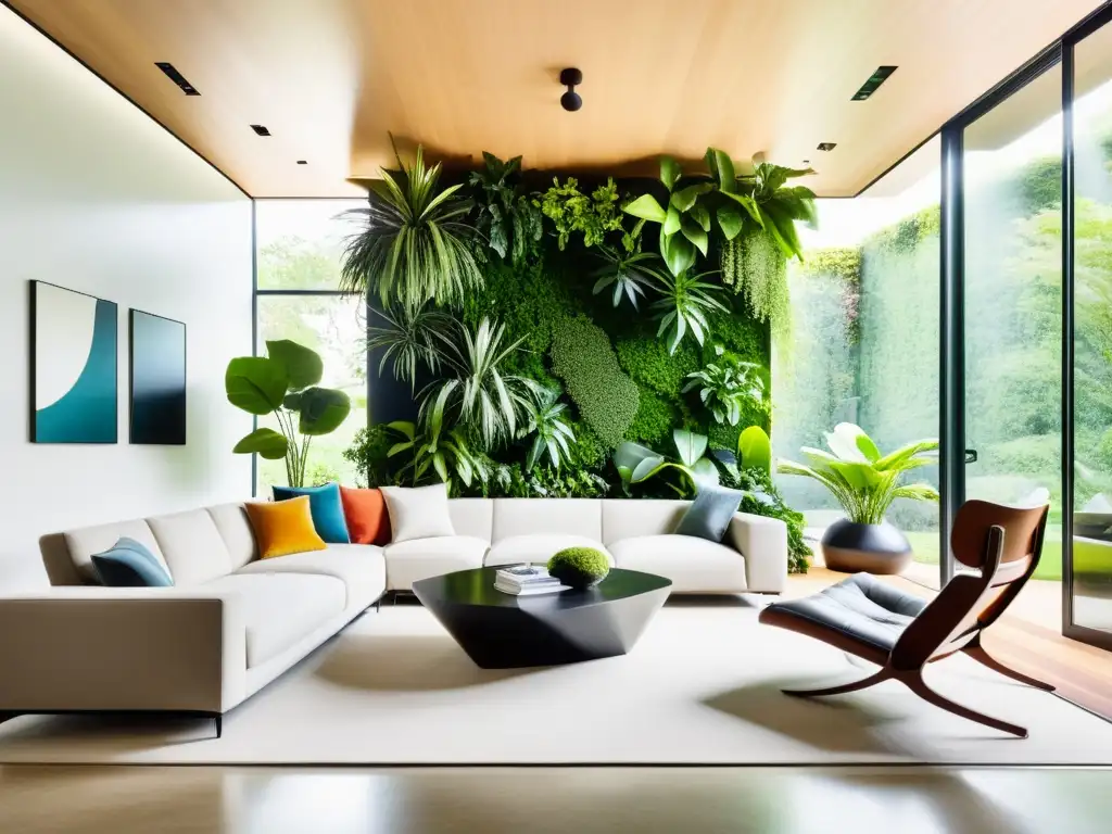 Espacioso salón moderno con elegante mobiliario y un jardín vertical en decoración interior, creando un contraste armonioso y sofisticado