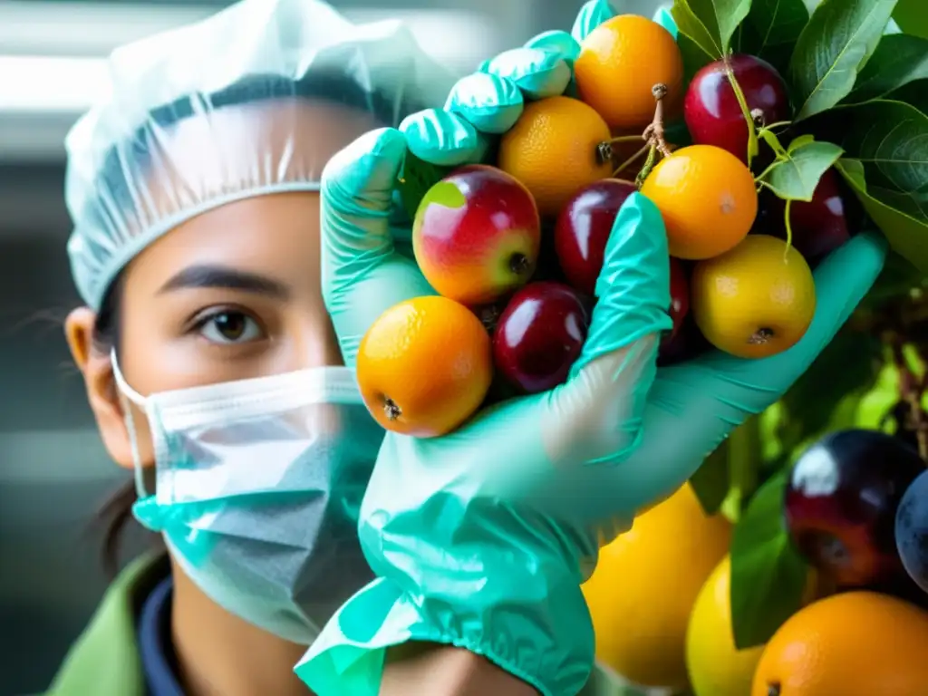 Un especialista inspecciona meticulosamente frutas recién cosechadas para prevenir enfermedades durante el manejo postcosecha