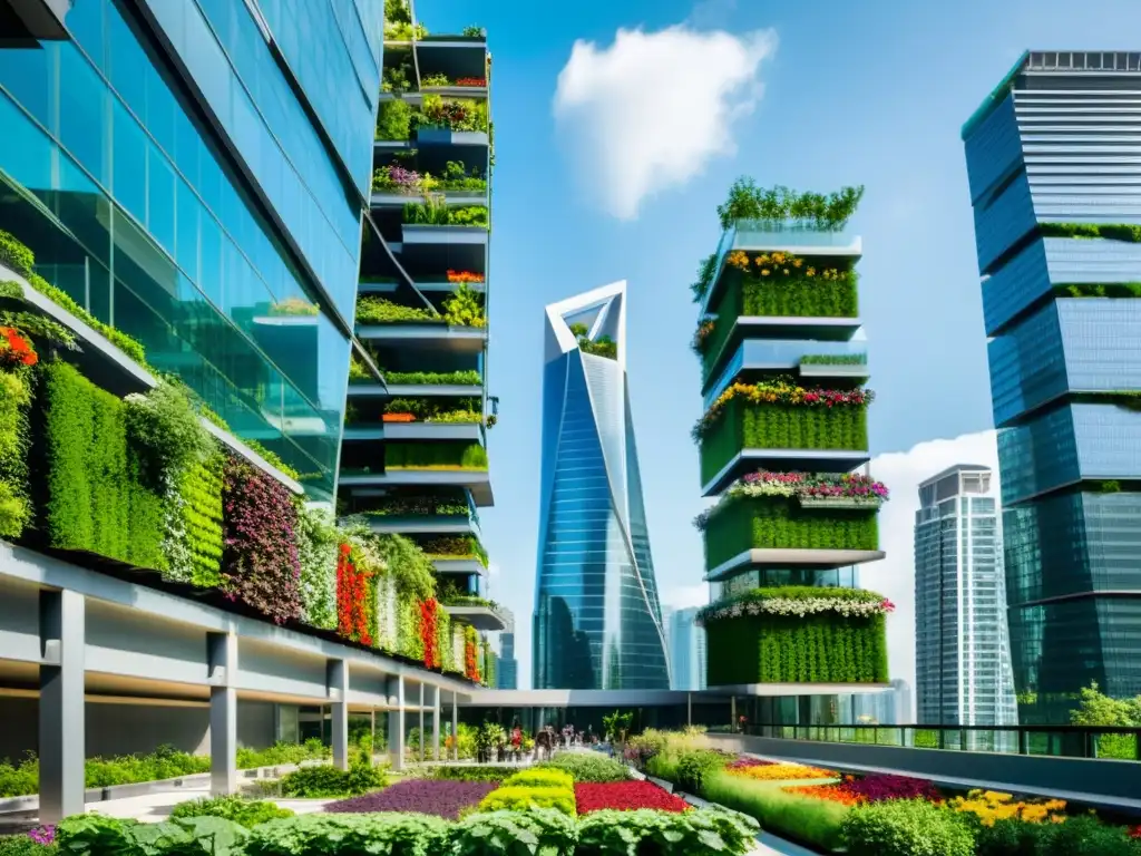 Espectacular ciudad ultramoderna con rascacielos adornados con huertos verticales, mostrando el impacto positivo en la agricultura urbana