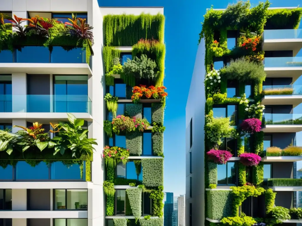 Espectacular edificio urbano con jardines verticales vibrantes, iluminados por el sol