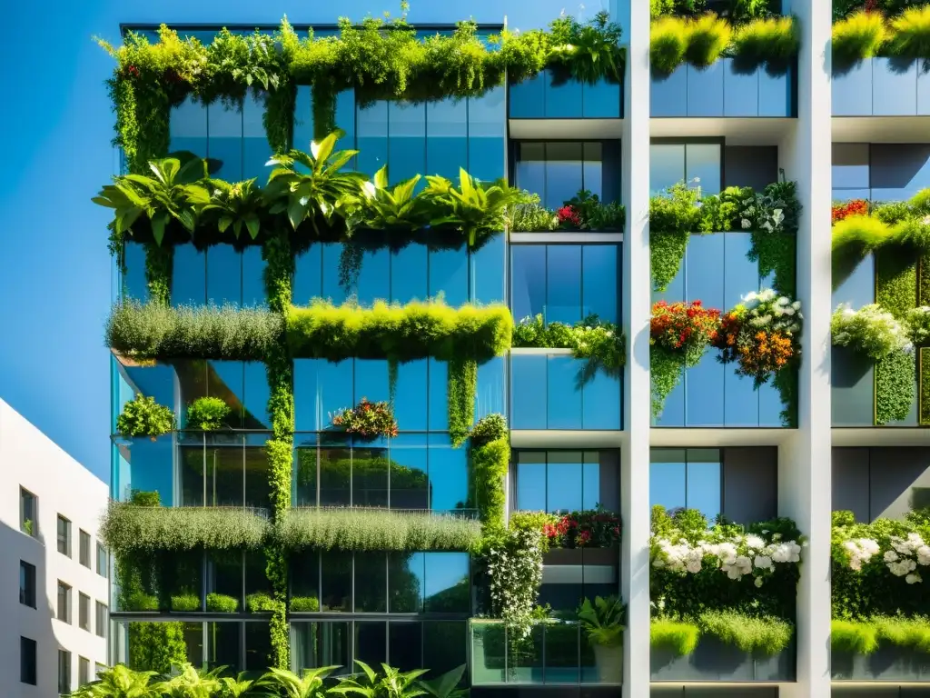 Espectacular fachada de edificio moderno con huertos verticales integrados