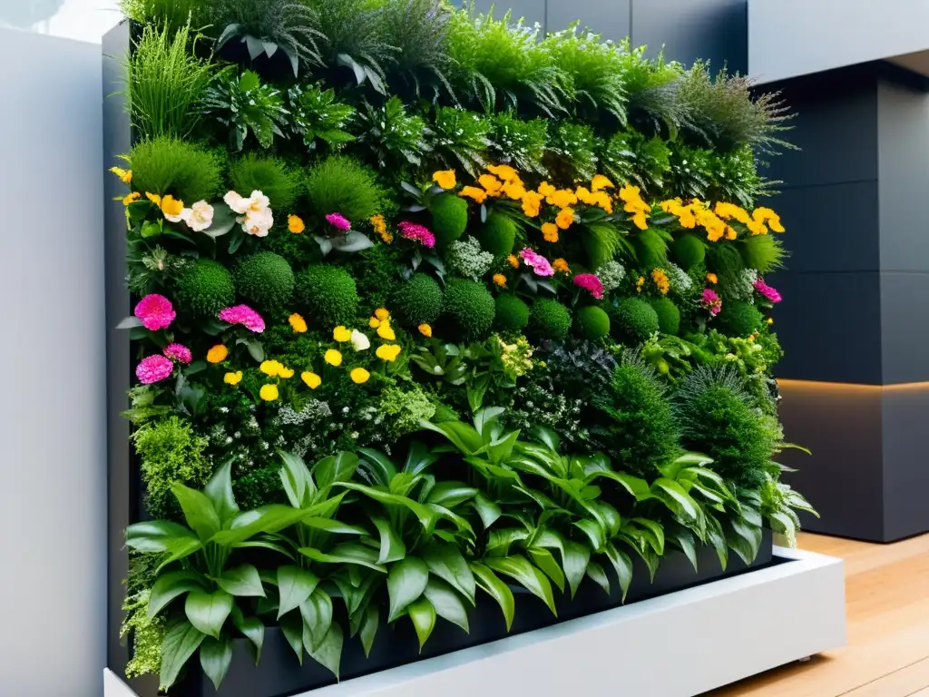 Espectacular huerto vertical modular en evento, con diseño innovador y plantas exuberantes