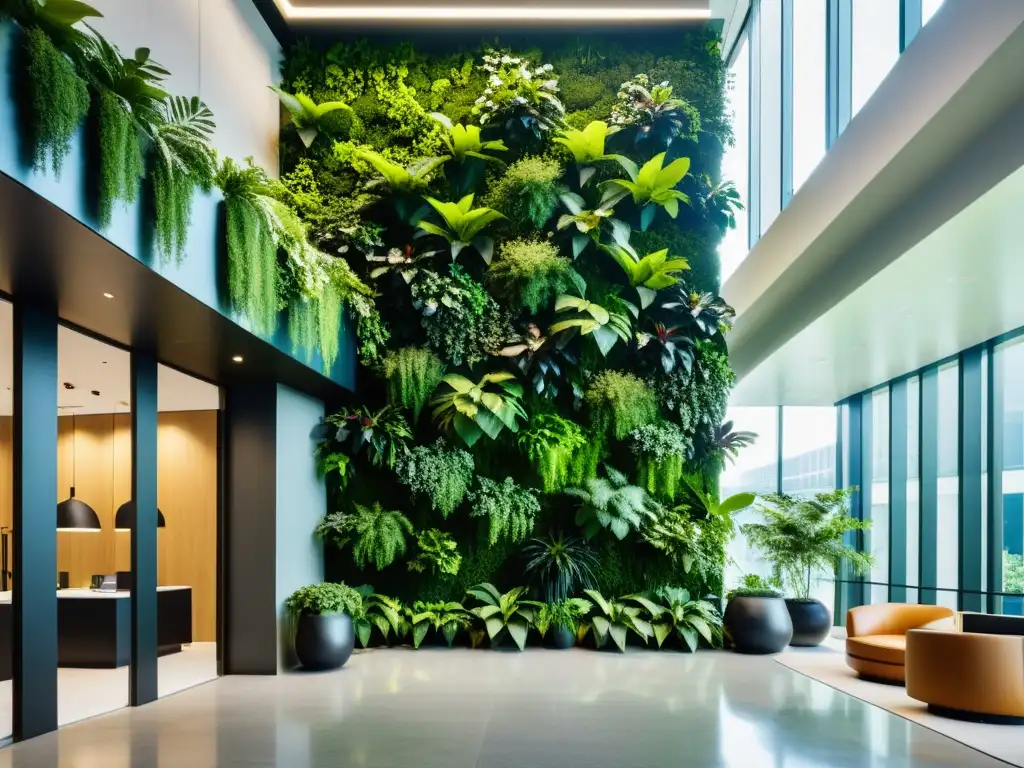 Espectacular lobby de oficina moderno con jardinería vertical, beneficios jardinería vertical bienestar