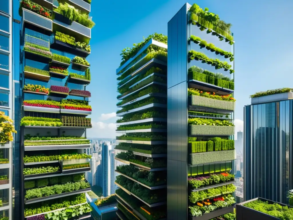 Espectacular paisaje urbano con rascacielos y jardines verticales llenos de vida