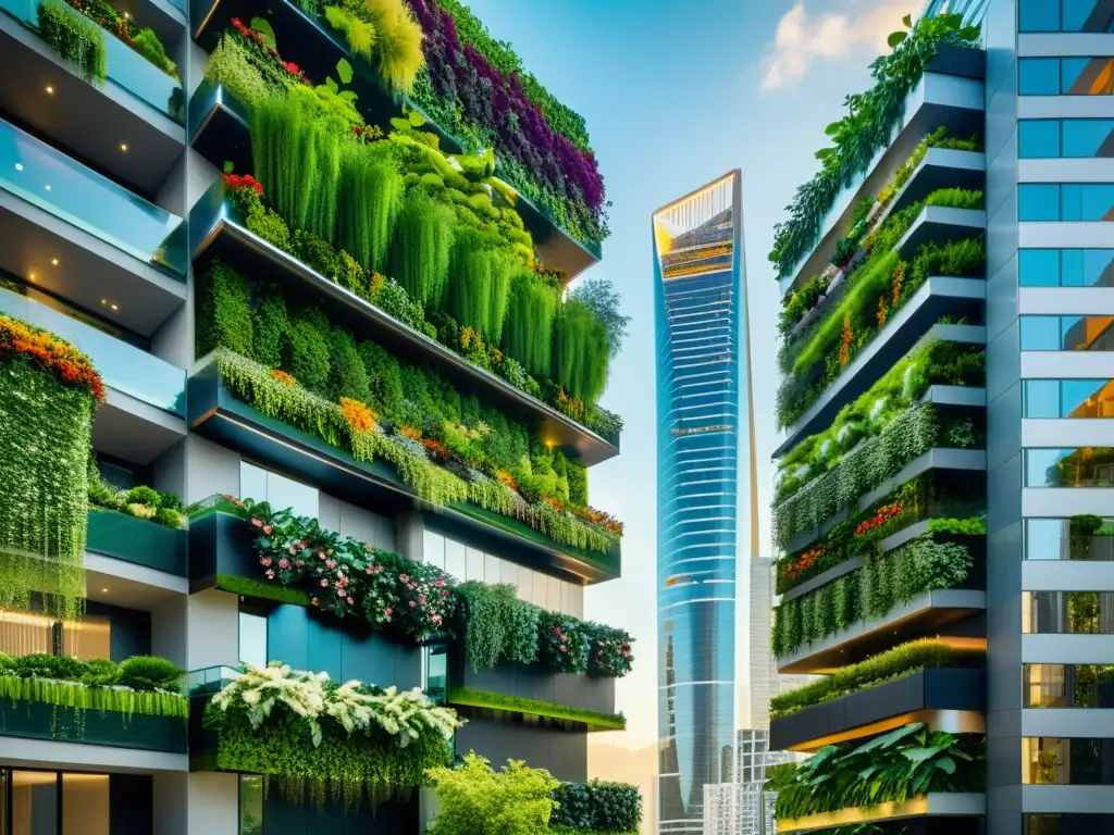 Espectacular paisaje urbano con rascacielos futuristas y exuberantes jardines verticales