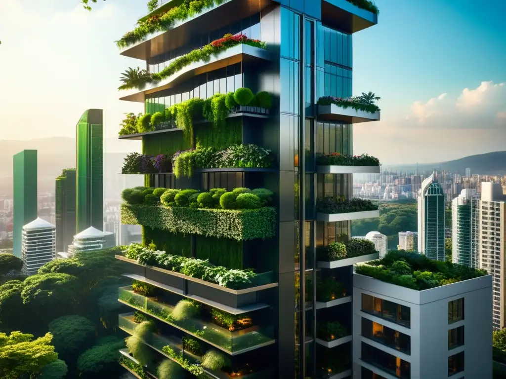 Espectacular paisaje urbano con rascacielos adornado con exuberantes jardines verticales, representando los beneficios de huertos verticales urbanos