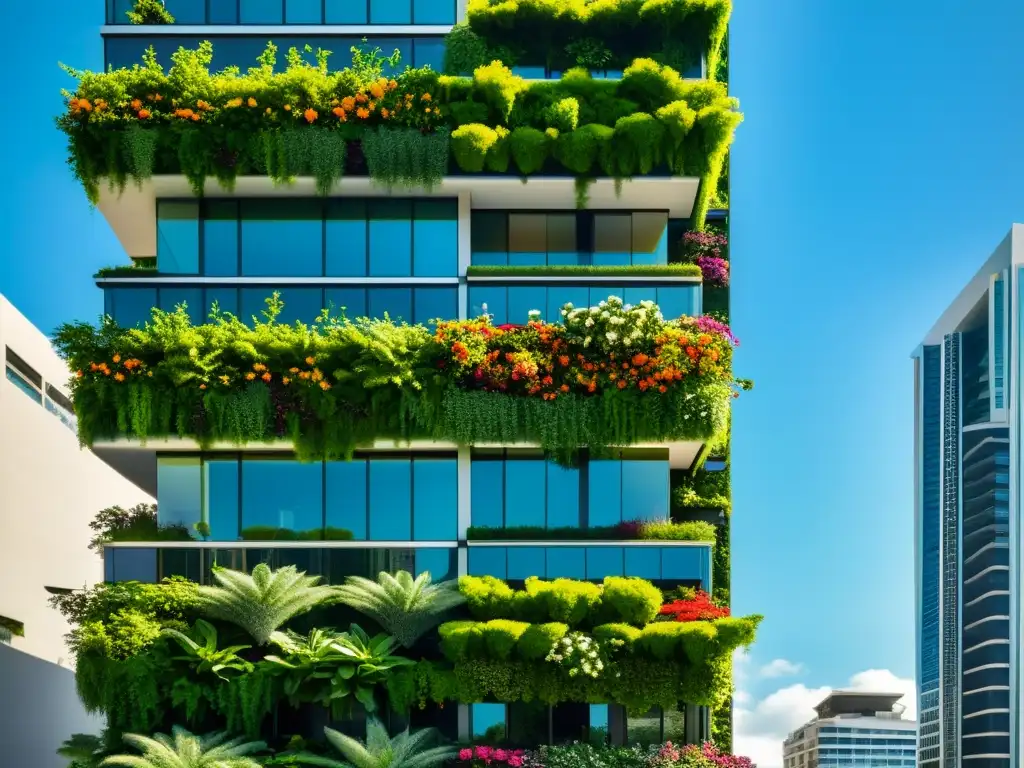 Espectacular rascacielos con jardines verticales exuberantes, simbolizando la integración de la naturaleza en entornos urbanos