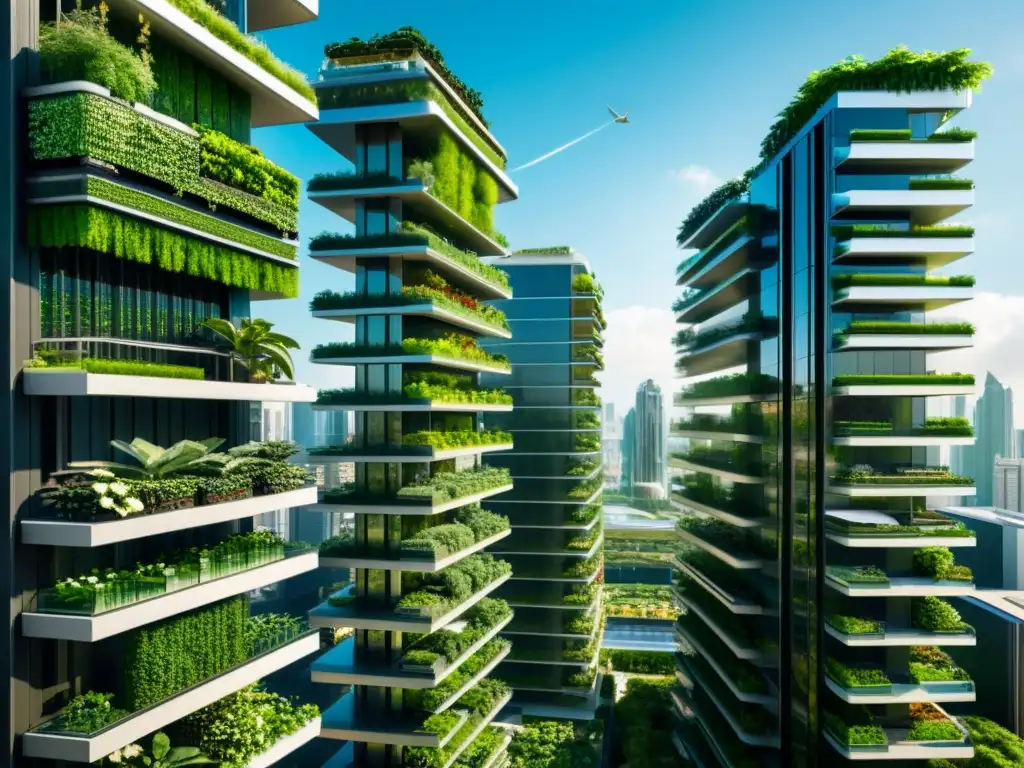 Espectacular skyline de una ciudad futurista con rascacielos integrados con jardines verticales, evocando el concepto de cultivo vertical en ciudades