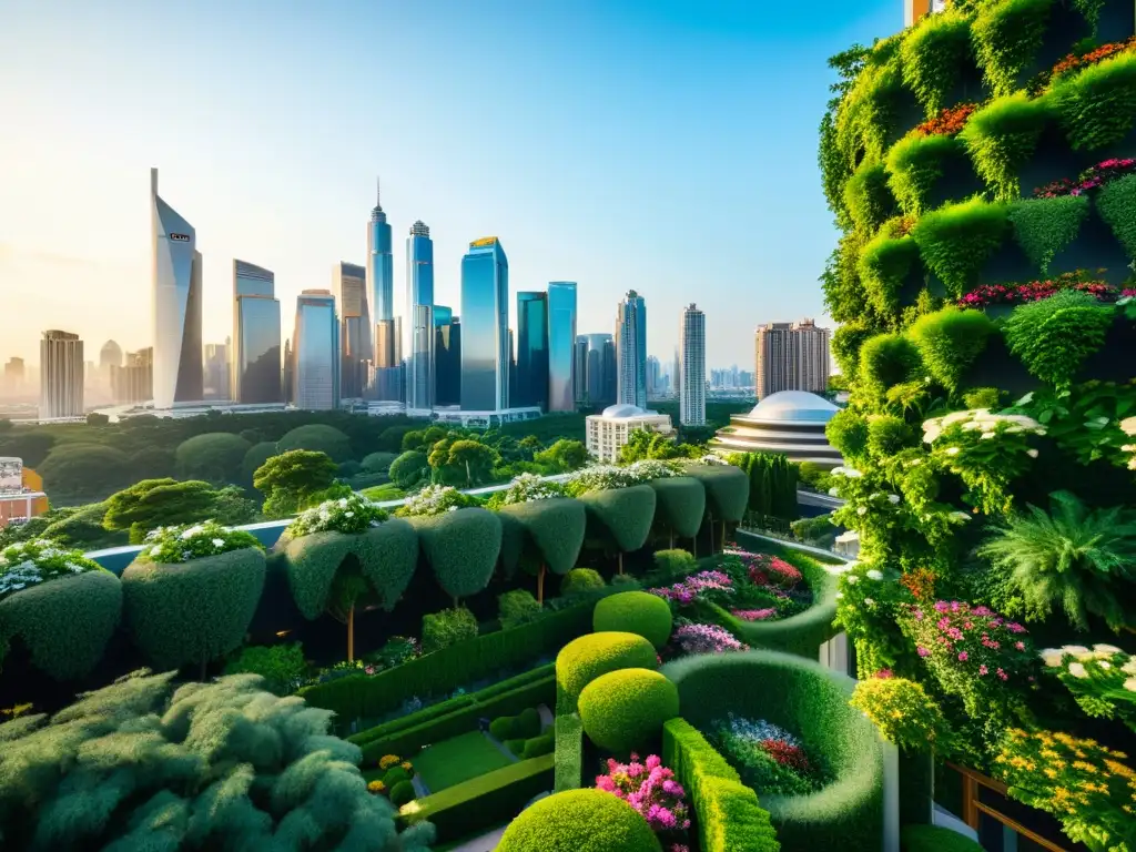 Espectacular skyline urbano con rascacielos adornados con exuberantes huertos verticales, beneficios huertos verticales para ciudades