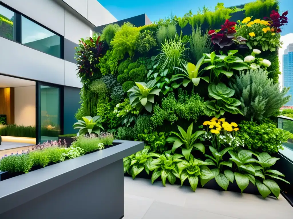 Espectacular terraza con huertos verticales rebosantes de vida y diseño contemporáneo