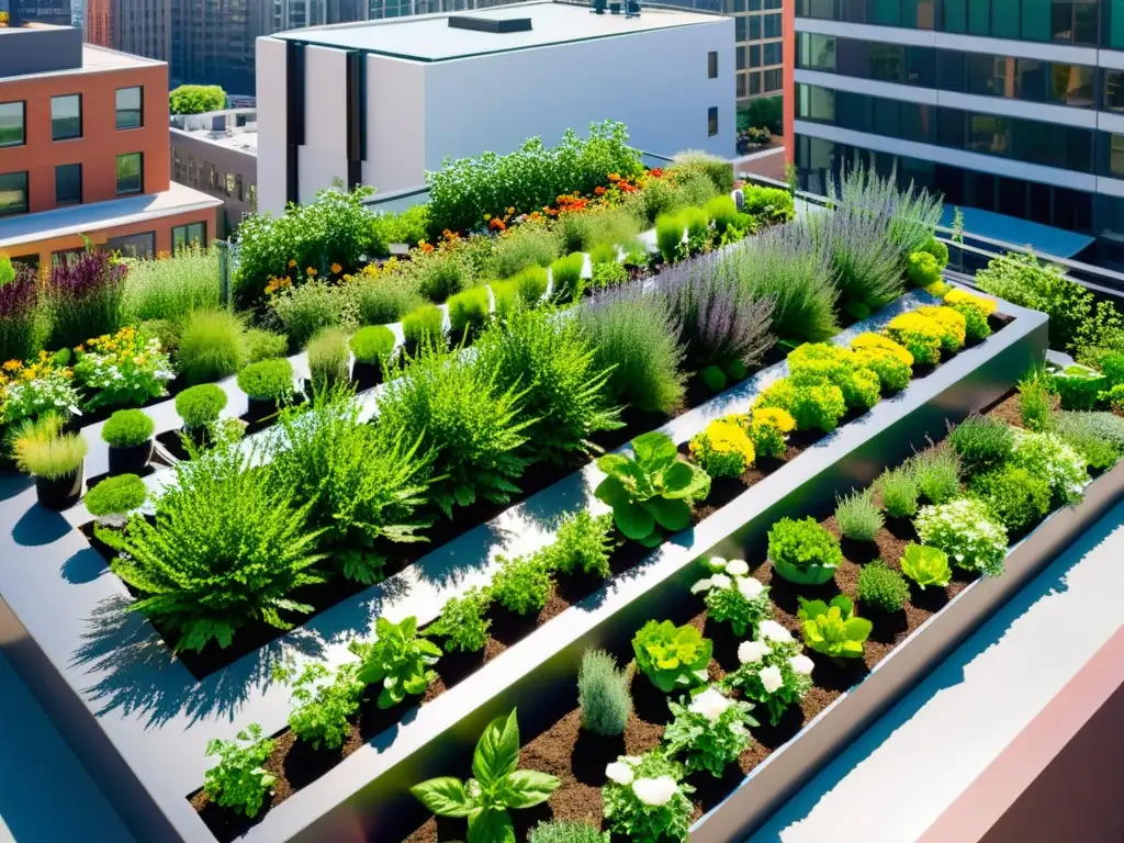 Espectacular jardín urbano en la azotea con huertos verticales llenos de vida, reflejando sostenibilidad y modernidad