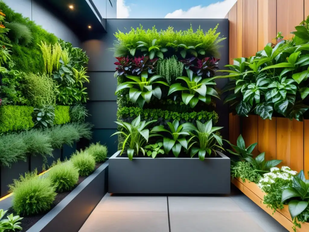 Un espectacular jardín vertical en un espacio urbano compacto, mostrando la innovación de la agricultura urbana en espacios reducidos