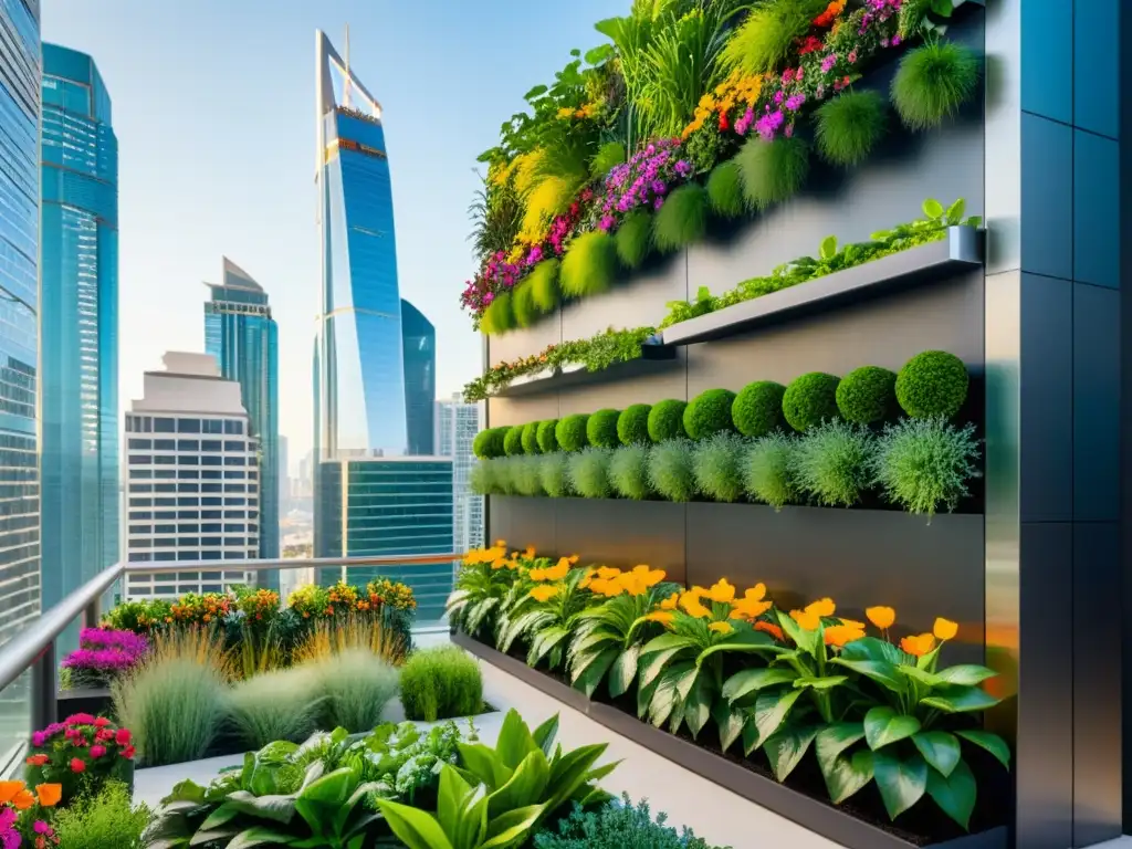 Jardín vertical urbano: naturaleza en la ciudad Espectacular jardín vertical urbano con plantas exuberantes y flores coloridas, en contraste con rascacielos futuristas
