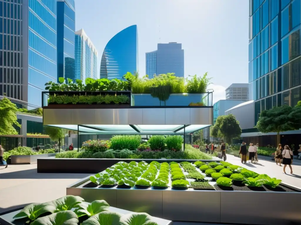 Esquina bulliciosa de la ciudad con jardín acuapónico futurista, integrando naturaleza en el paisaje urbano