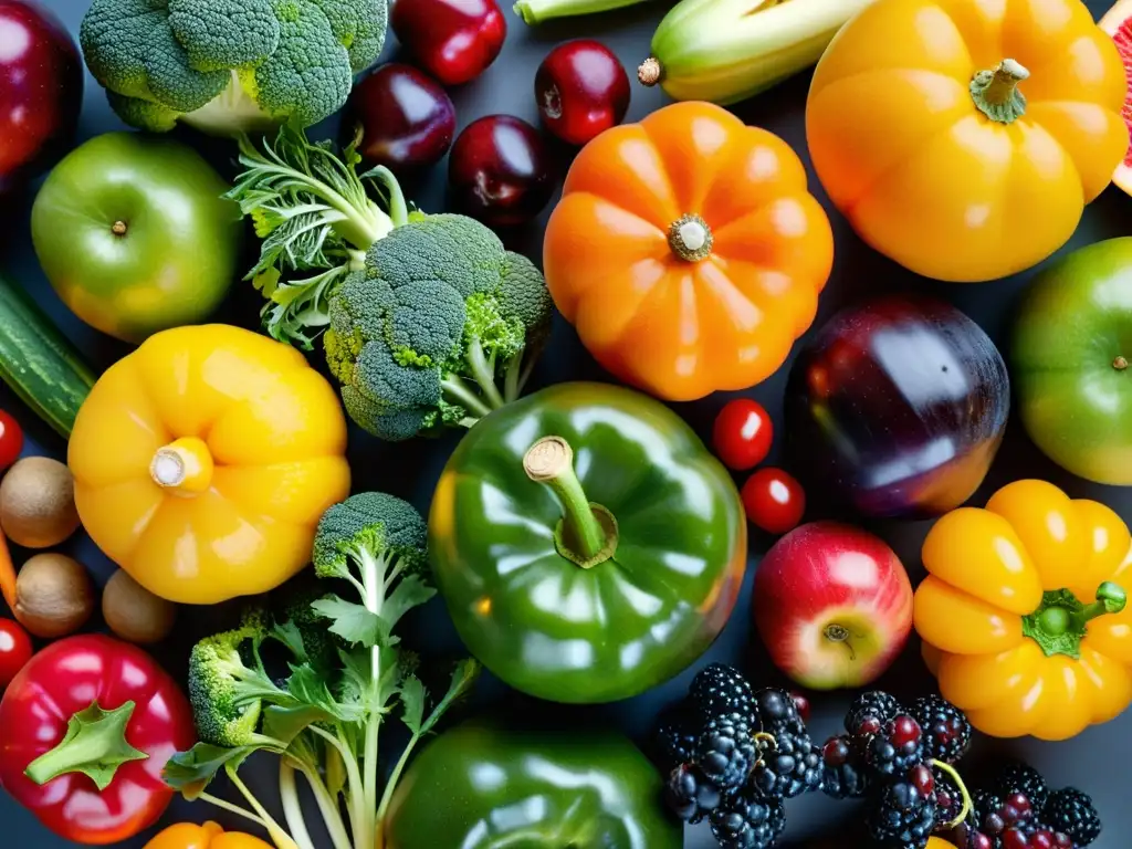 Un estallido de colores vibrantes de frutas y verduras en una presentación moderna, resalta la belleza natural de los alimentos ricos en antioxidantes