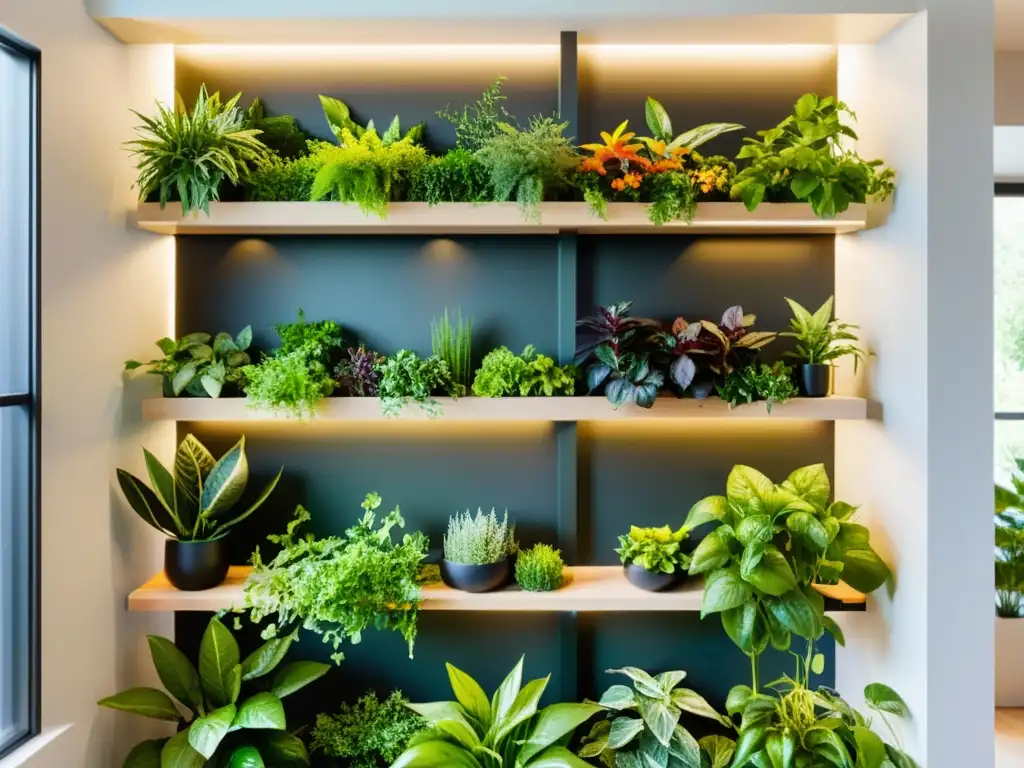 Estanterías vivas para huertos verticales: Un oasis de plantas exuberantes en un diseño minimalista, integrando la naturaleza en el hogar moderno