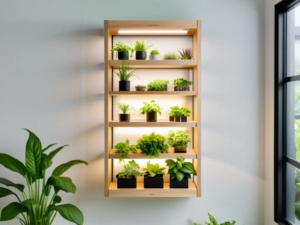 Estanterías vivas para huertos verticales con hierbas y vegetales verdes brillantes en un jardín interior vibrante y visualmente impactante