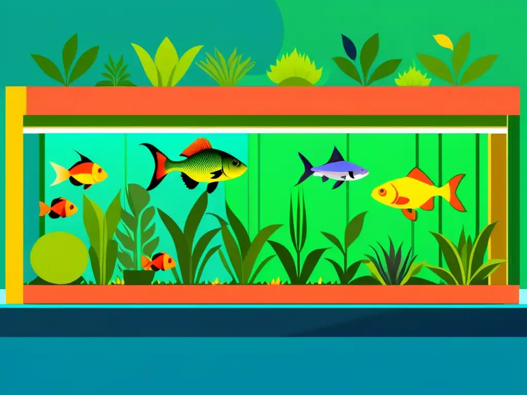 Estrategias precios productos acuaponía: Ilustración moderna y vibrante de un sistema acuapónico, con plantas exuberantes y peces coloridos en armonía