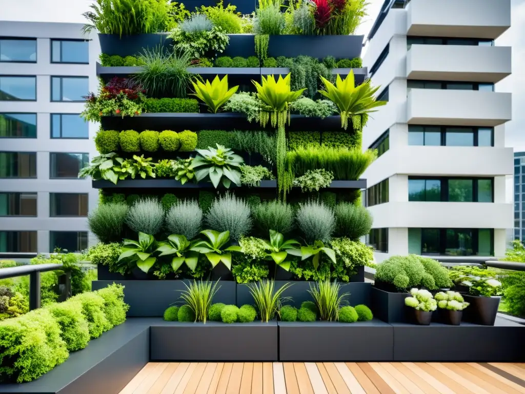 Una estructura moderna de huertos verticales urbanos con plantas vibrantes en un entorno urbano contemporáneo