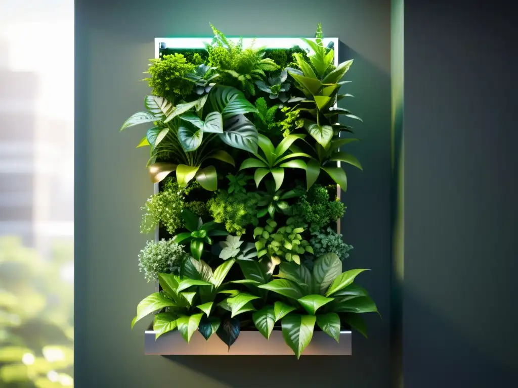 Una estructura modular de huertos verticales urbanos, con plantas verdes exuberantes y juego de luz y sombra