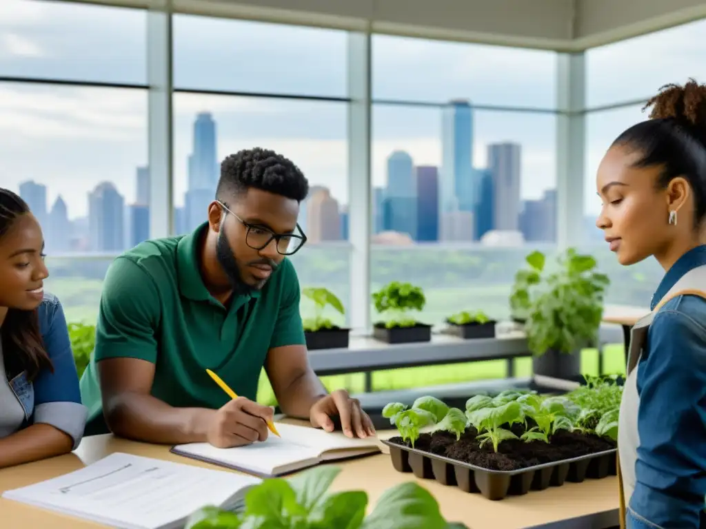 Estudiantes de agricultura urbana en clase con equipo sostenible y vista a la ciudad, aprendiendo sobre el modelo de negocio para agricultura urbana