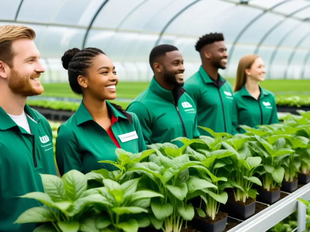 Estudiantes de agricultura urbana discuten técnicas innovadoras en un invernadero moderno, rodeados de tecnología y vegetación exuberante