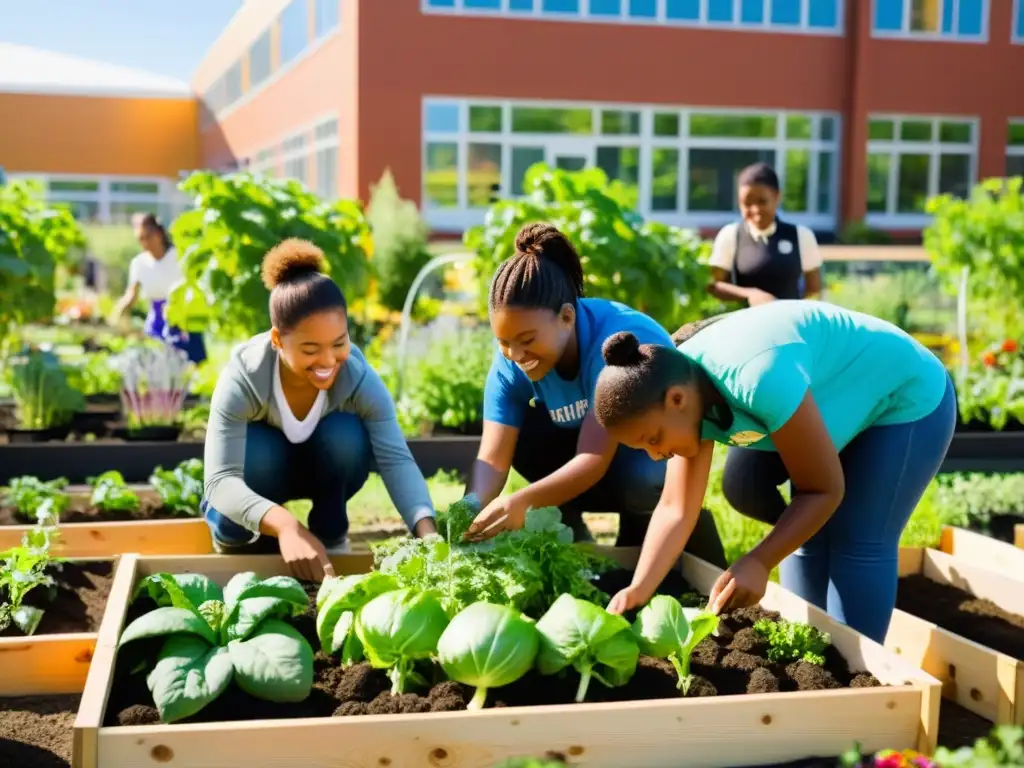 Estudiantes animados realizan actividades escolares huertos urbanos en un jardín escolar vibrante y dinámico