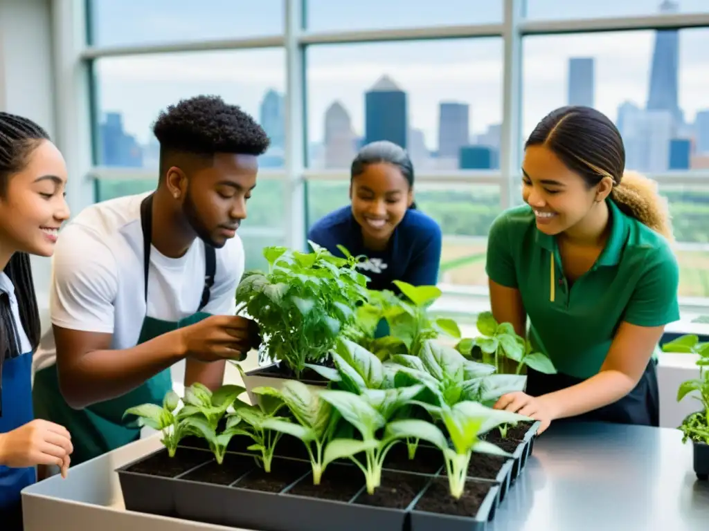 Estudiantes colaborando en un aula con tecnologías verdes en programas educativos urbanos, cultivando un vibrante jardín urbano