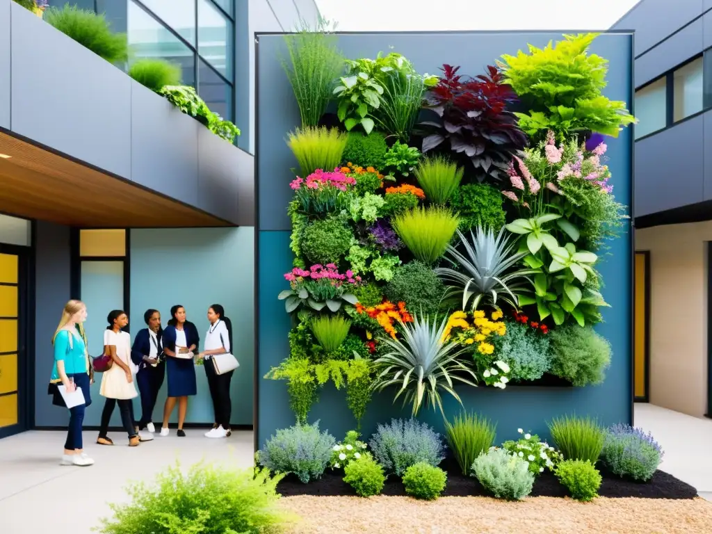 Estudiantes cuidando el cultivo vertical en espacios educativos, rodeados de plantas vibrantes y aprendiendo sobre agricultura sostenible