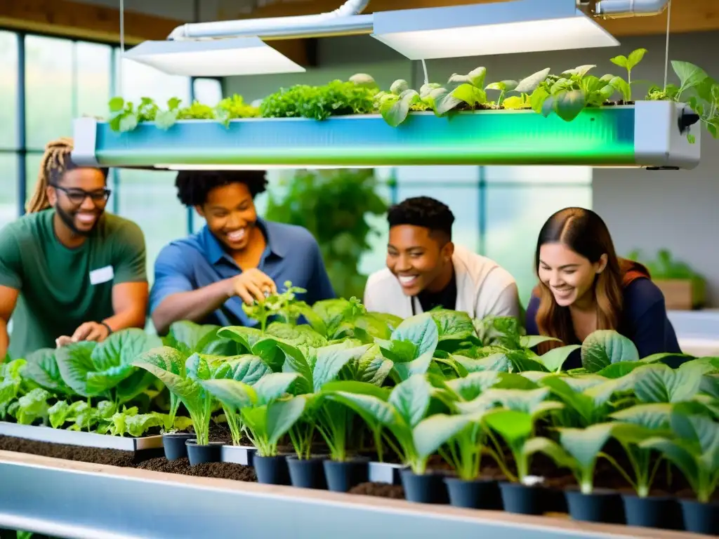 Estudiantes entusiastas aprenden sobre agricultura urbana y educación alimentaria en un aula moderna rodeada de vegetación exuberante