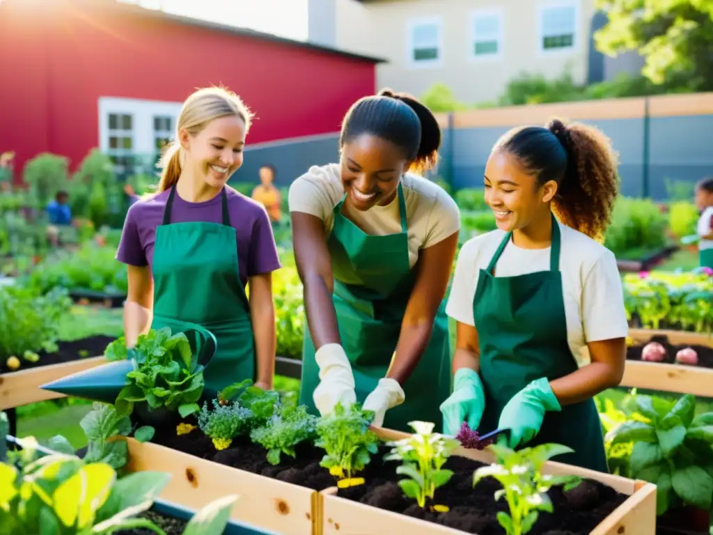 Estudiantes en jardín escolar urbano, cuidando plantas con maestra