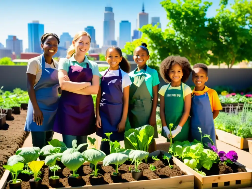 Estudiantes escolares cuidando un huerto urbano con flores y vegetales bajo el sol, en una actividad de huertos urbanos escolares