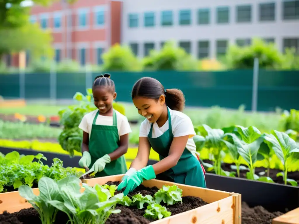 Estudiantes felices plantando frutas y verduras en la escuela, con un enfoque moderno en programas de agricultura urbana