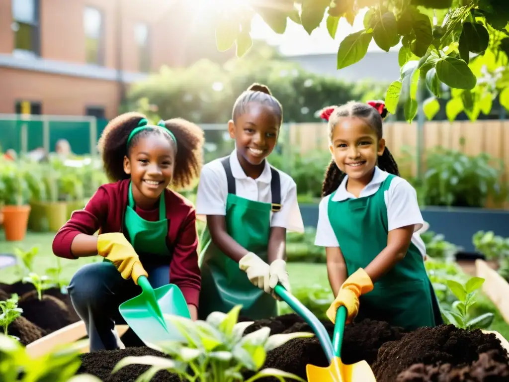 Estudiantes cuidando un huerto escolar, fusionando naturaleza y educación integral